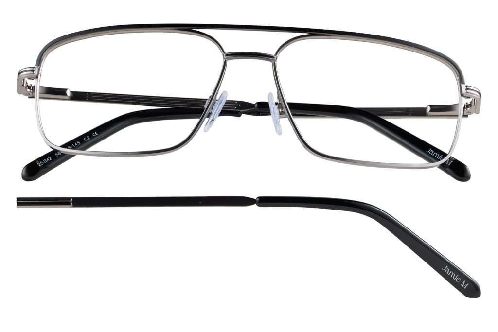 Metal rectangular eyeglasses with clear nose pads and black arms, Jamie M brand.