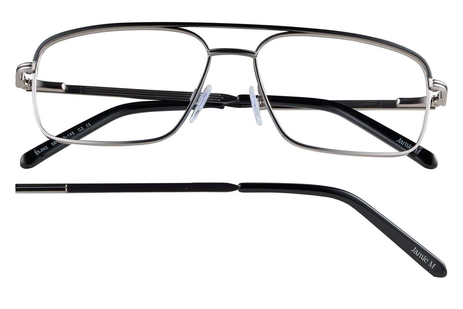 Metal rectangular eyeglasses with clear nose pads and black arms, Jamie M brand.