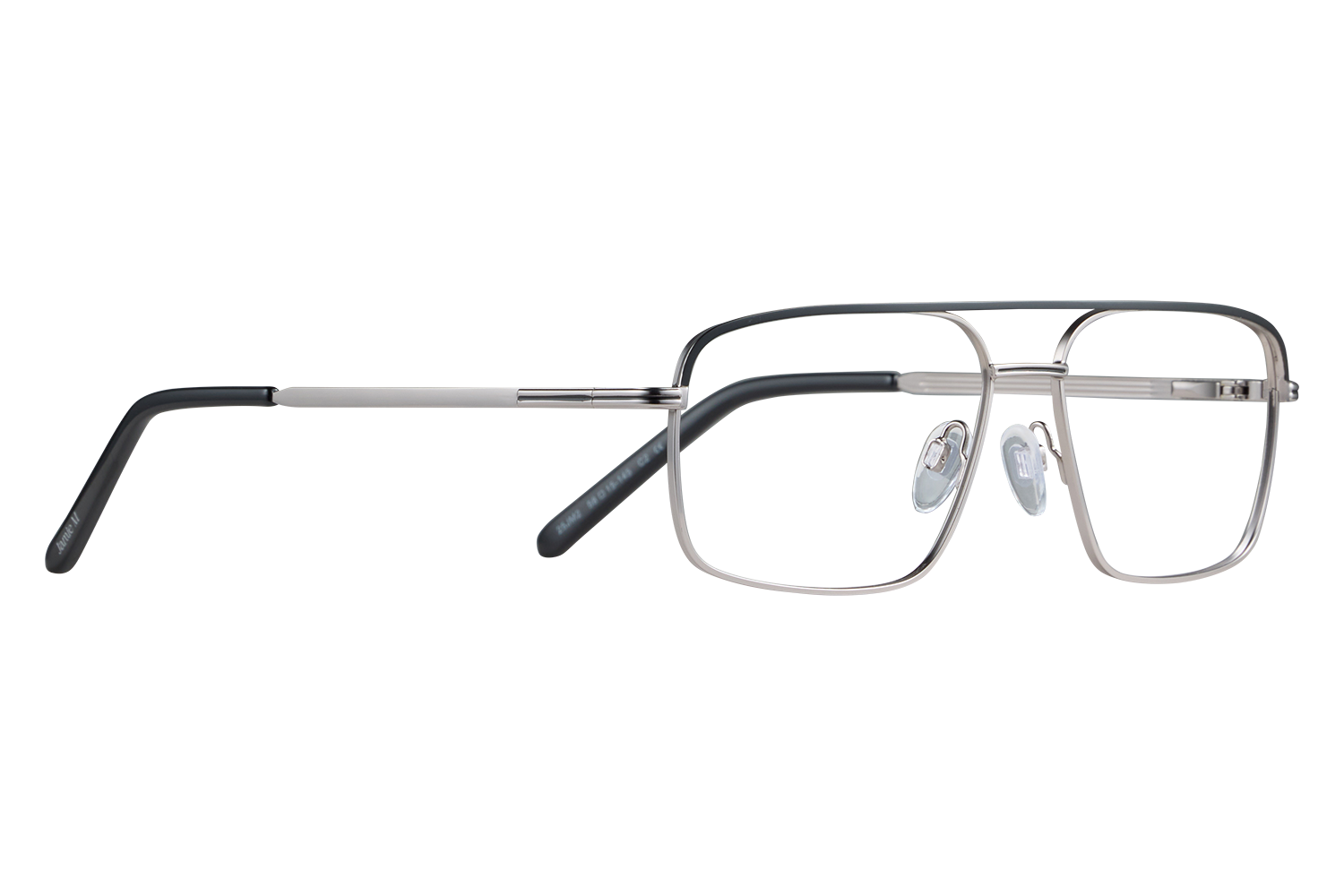 Rectangular metal-framed eyeglasses with clear lenses and black temple tips on a light gray surface; close-up view of nose pads and frame.