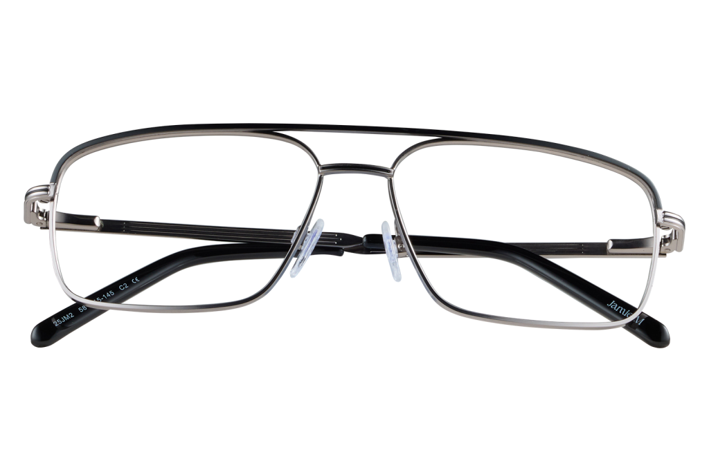 Metal-frame eyeglasses on a clear display stand, close-up front view with nose pads visible.