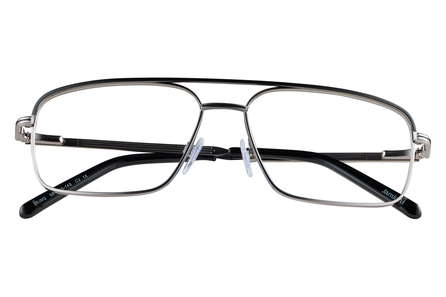 Metal-frame eyeglasses on a clear display stand, close-up front view with nose pads visible.