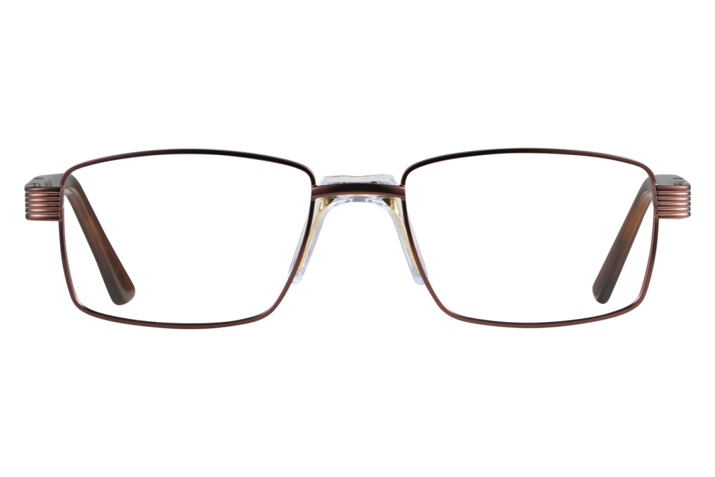 Front view of brown rectangular metal eyeglasses with clear nose pads resting on a light surface against a gray background