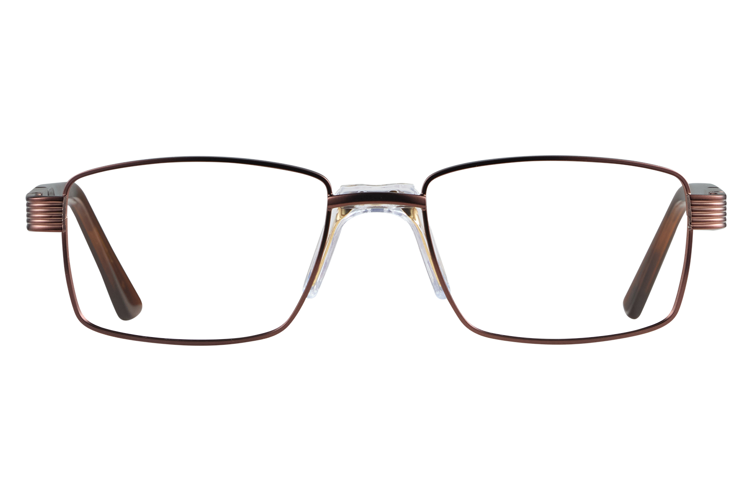 Front view of brown rectangular metal eyeglasses with clear nose pads resting on a light surface against a gray background