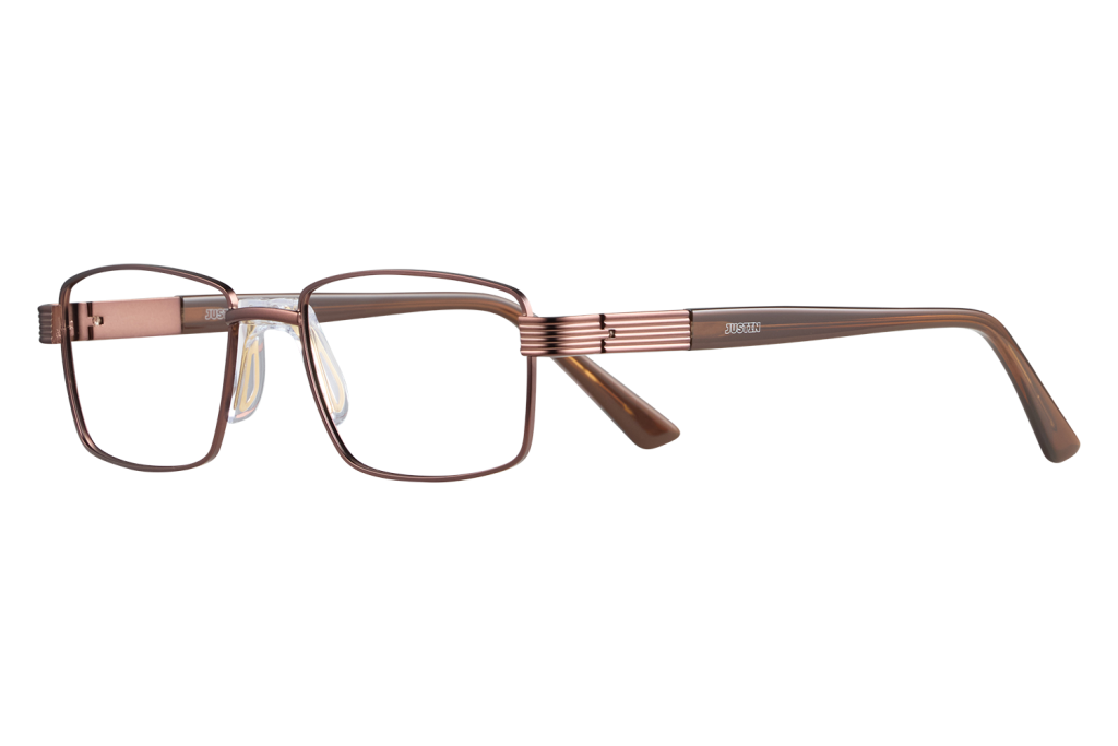 Rose-gold rectangular eyeglasses with plastic nose pads and a textured, branded temple (JustIn)