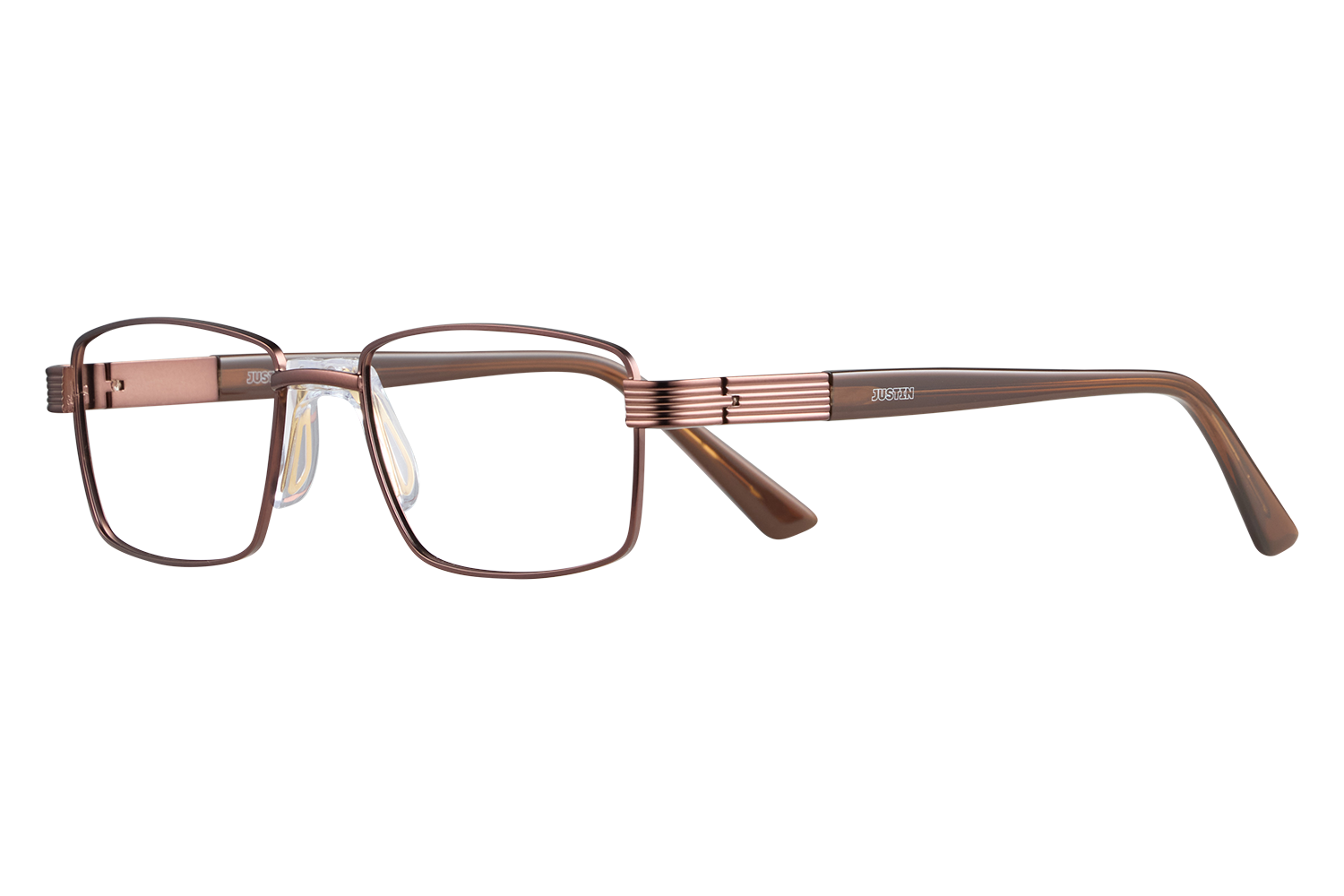 Rose-gold rectangular eyeglasses with plastic nose pads and a textured, branded temple (JustIn)