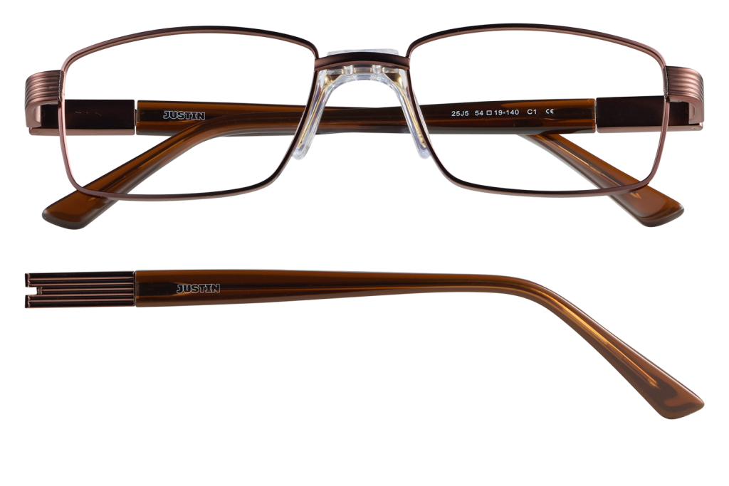 Brown rectangular eyeglasses with clear nose pads and metal bridge, brand 'JUSTIN' on temple (front view).