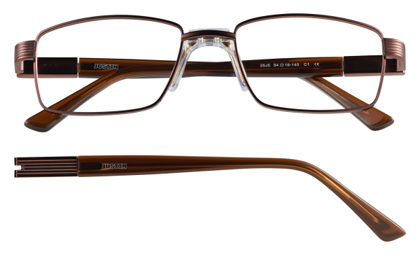 Brown rectangular eyeglasses with clear nose pads and metal bridge, brand 'JUSTIN' on temple (front view).