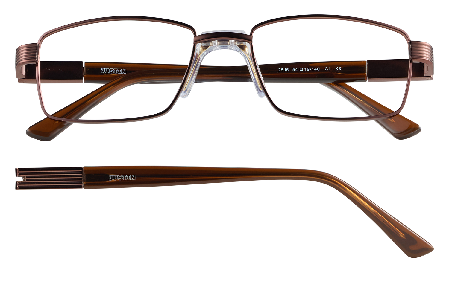 Brown rectangular eyeglasses with clear nose pads and metal bridge, brand 'JUSTIN' on temple (front view).
