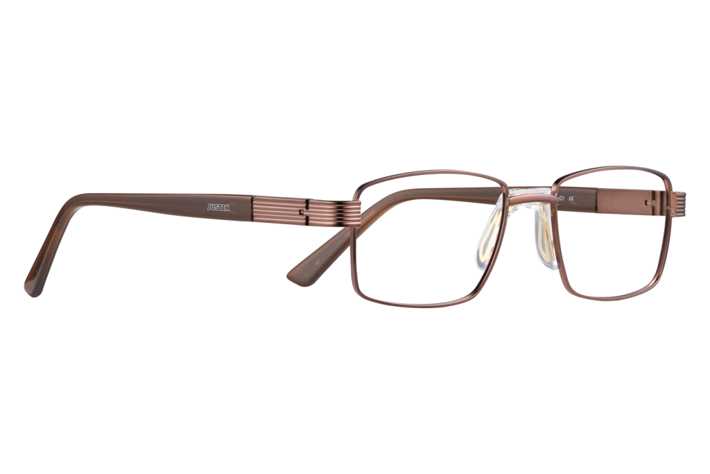 Brown rectangular eyeglasses with ribbed temples and nose pads, side view shown on a light surface.