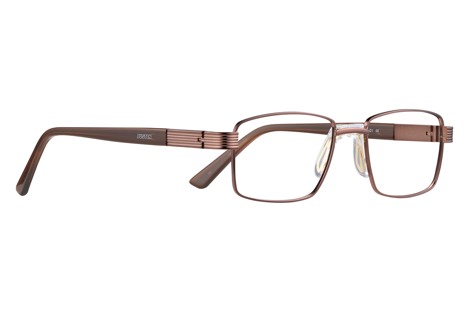 Brown rectangular eyeglasses with ribbed temples and nose pads, side view shown on a light surface.