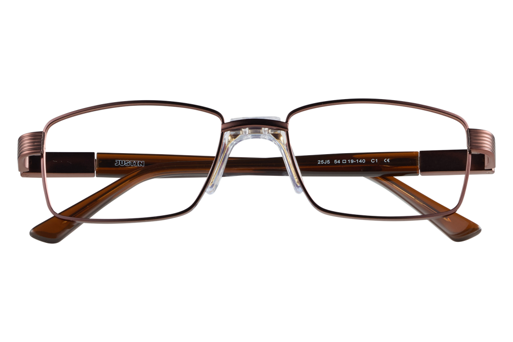 Brown rectangular eyeglasses with 'JUSTIN' on the temple, displayed on a clear stand.