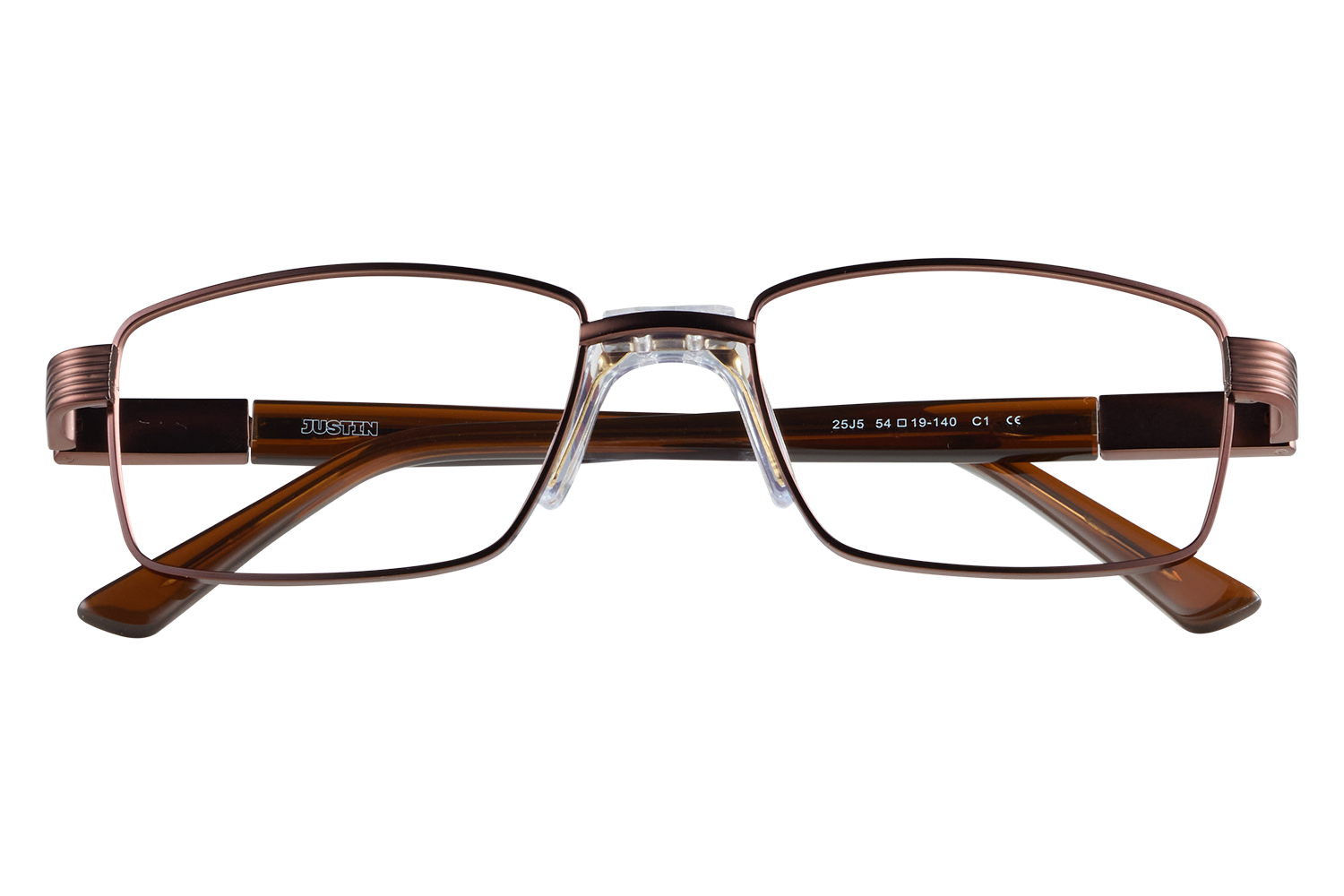 Brown rectangular eyeglasses with 'JUSTIN' on the temple, displayed on a clear stand.