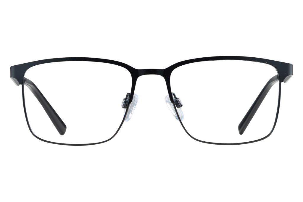 Close-up of black metal eyeglasses with clear nose pads and rectangular lenses.