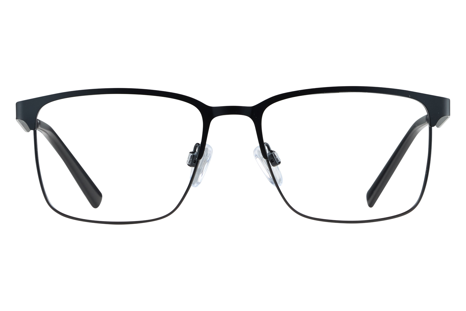 Close-up of black metal eyeglasses with clear nose pads and rectangular lenses.