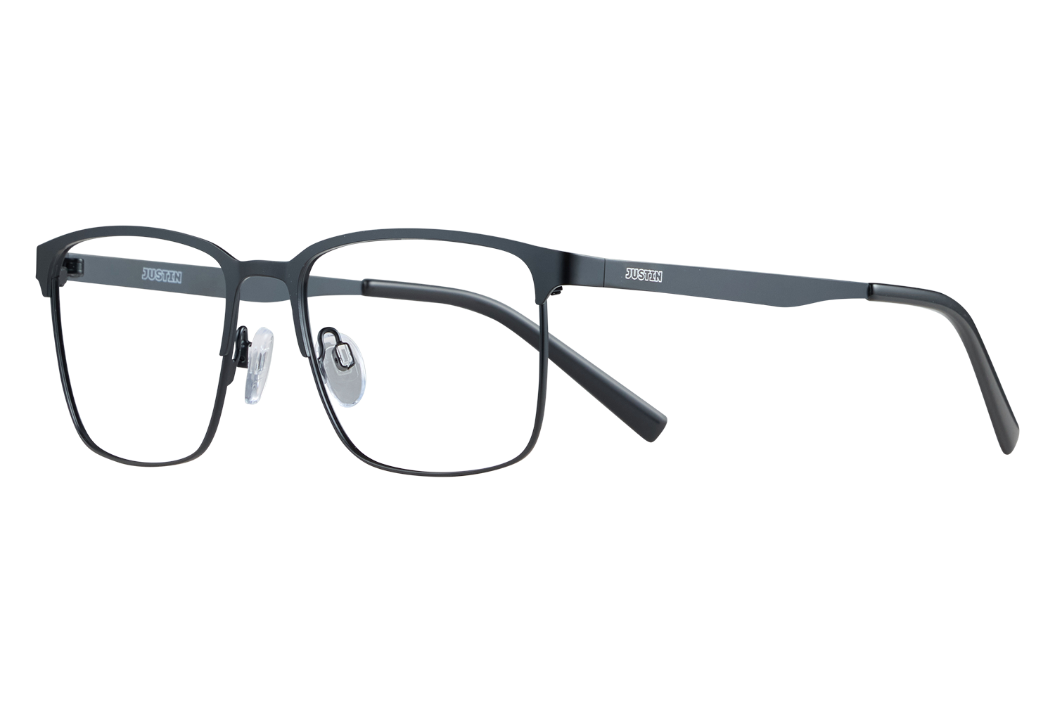 Dark gray rectangular eyeglasses with clear nose pads resting on a light surface, brand name ‘JUSTIN’ on the temples.