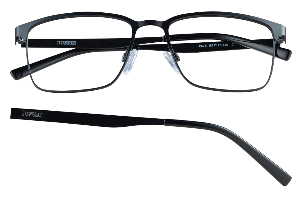 Black rectangular eyeglasses with 'JUSTIN' branding on the arms, one arm detached, displayed on a black background