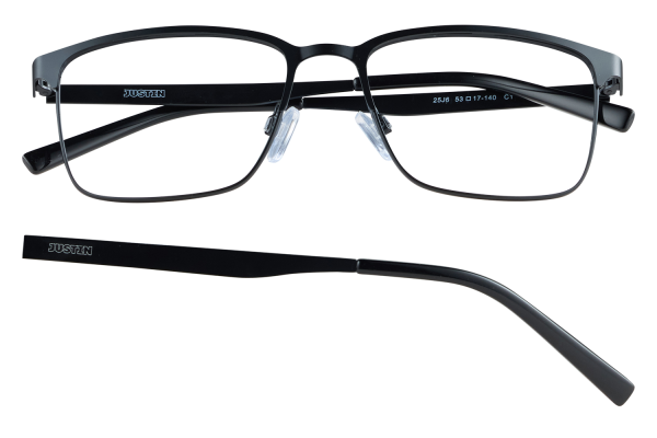 Black rectangular eyeglasses with 'JUSTIN' branding on the arms, one arm detached, displayed on a black background