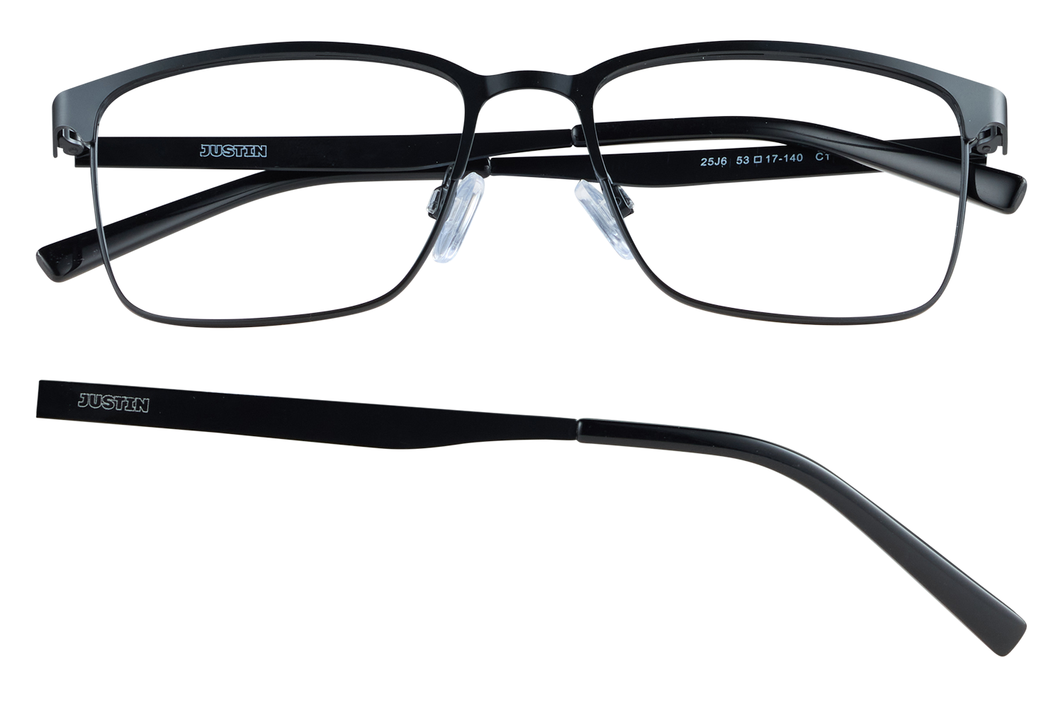 Black rectangular eyeglasses with 'JUSTIN' branding on the arms, one arm detached, displayed on a black background