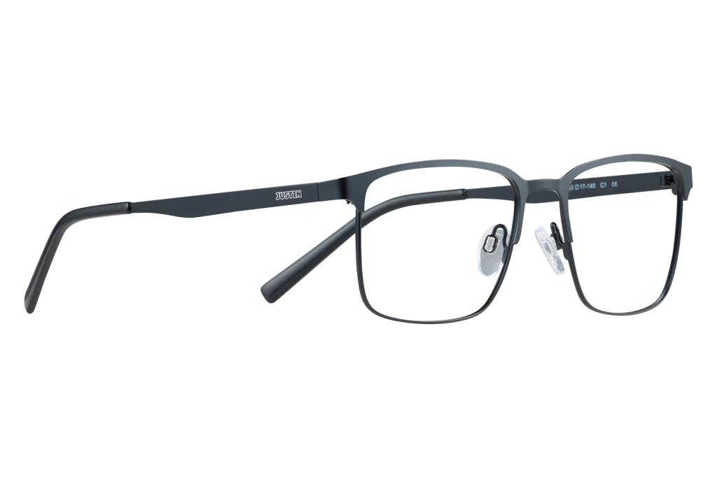 Black rectangular eyeglasses with nose pads resting on a light surface; brand 'JUSTIN' visible on the temple tribute to eyewear.