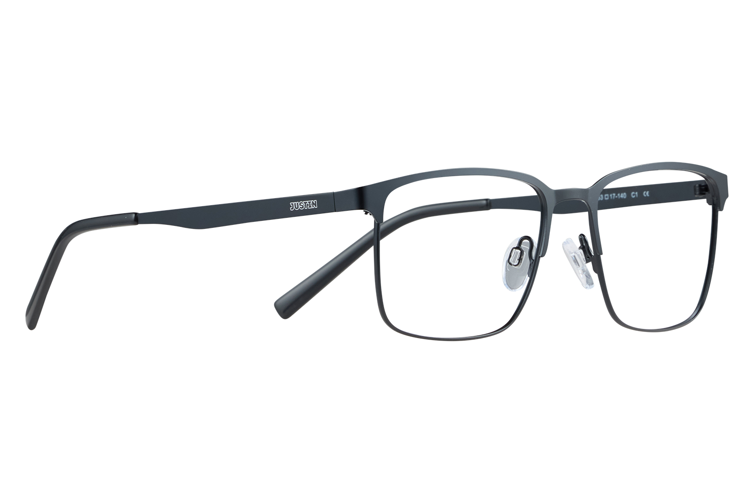 Black rectangular eyeglasses with nose pads resting on a light surface; brand 'JUSTIN' visible on the temple tribute to eyewear.