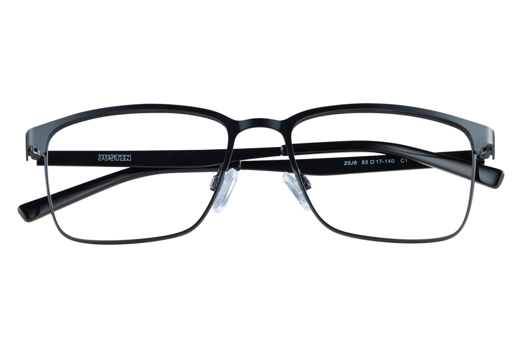 Black-framed eyeglasses with nose pads, brand name 'JUSTIN' visible on the temple.