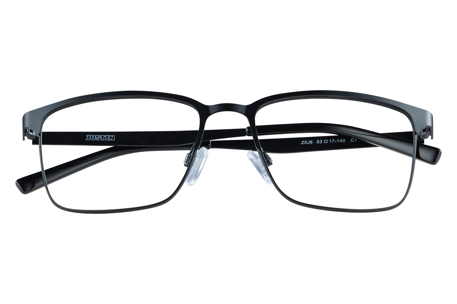 Black-framed eyeglasses with nose pads, brand name 'JUSTIN' visible on the temple.