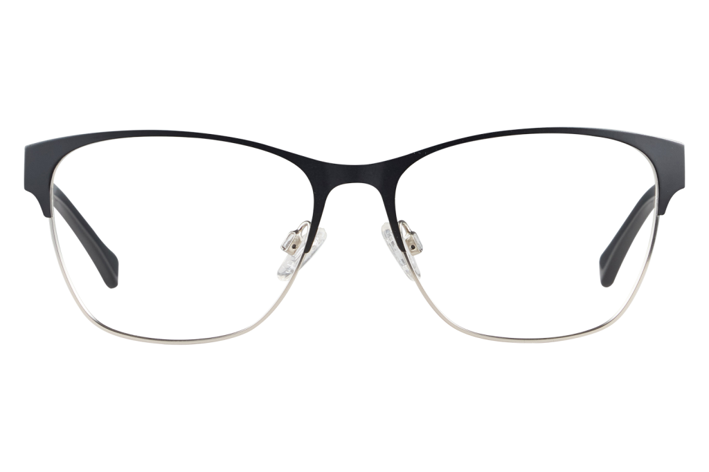 Close-up of eyeglasses with a black upper frame and silver lower rims, nose pads visible on a light surface.