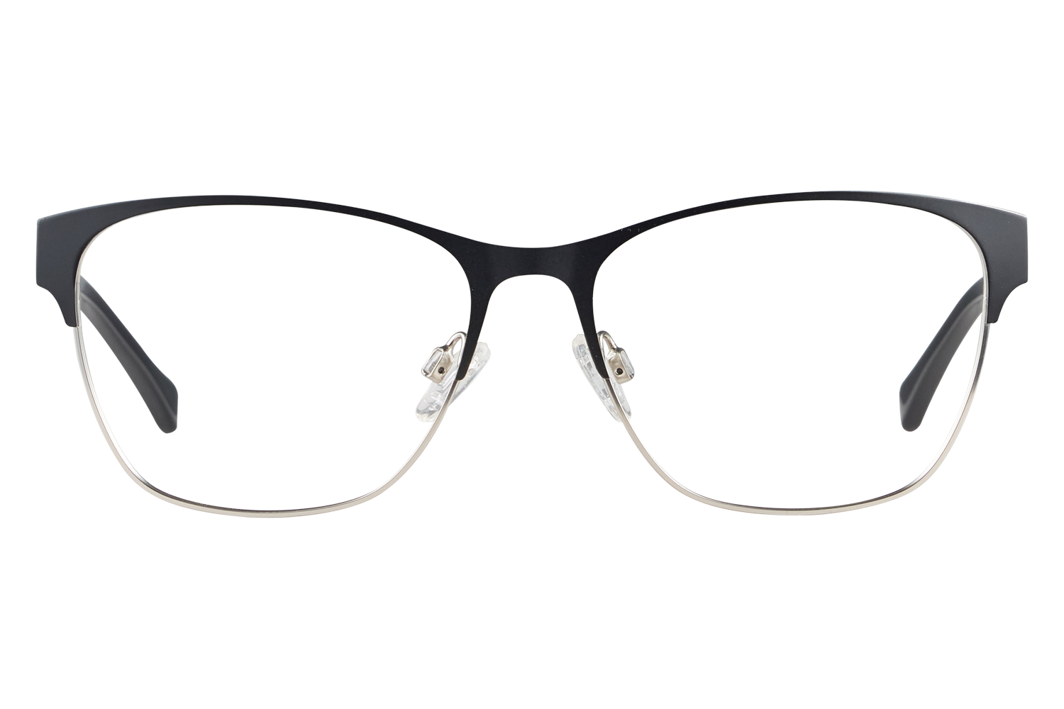 Close-up of eyeglasses with a black upper frame and silver lower rims, nose pads visible on a light surface.