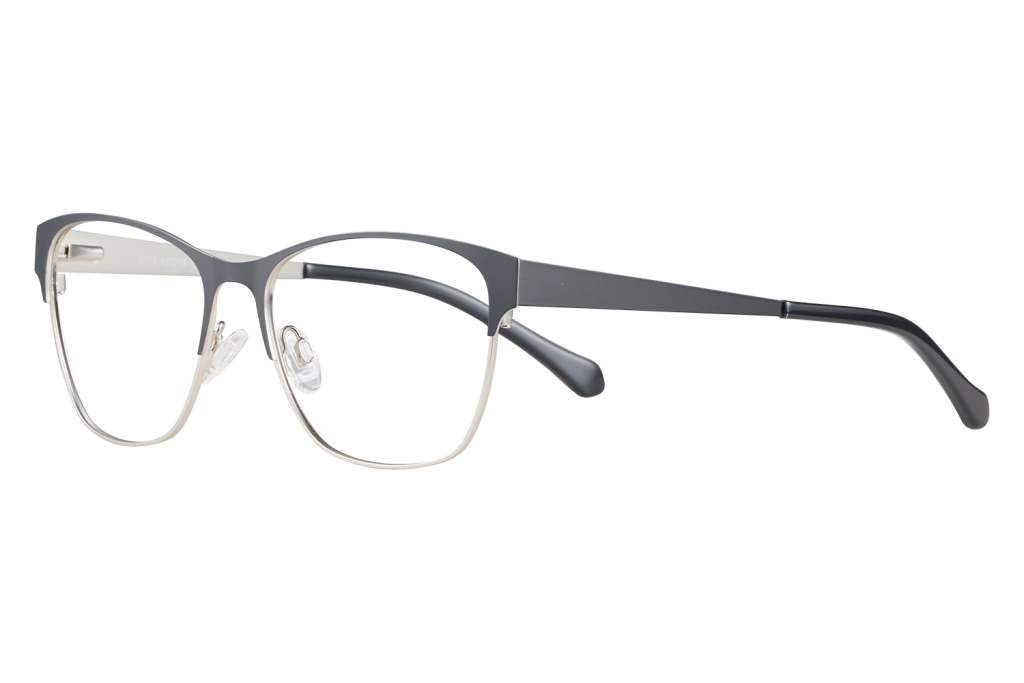 Close-up of metal-framed eyeglasses with clear nose pads, black temples, resting on a white surface