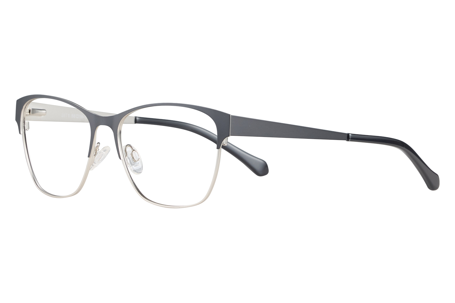 Close-up of metal-framed eyeglasses with clear nose pads, black temples, resting on a white surface