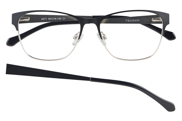Black Teagan eyeglasses with a thin metal rim, adjustable nose pads, and one temple detached below the frame.