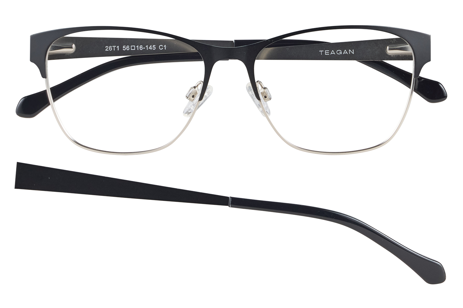 Black Teagan eyeglasses with a thin metal rim, adjustable nose pads, and one temple detached below the frame.