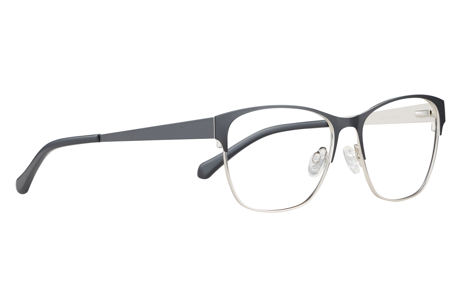 Close-up of black two-tone eyeglasses with clear lenses and nose pads on a light surface
