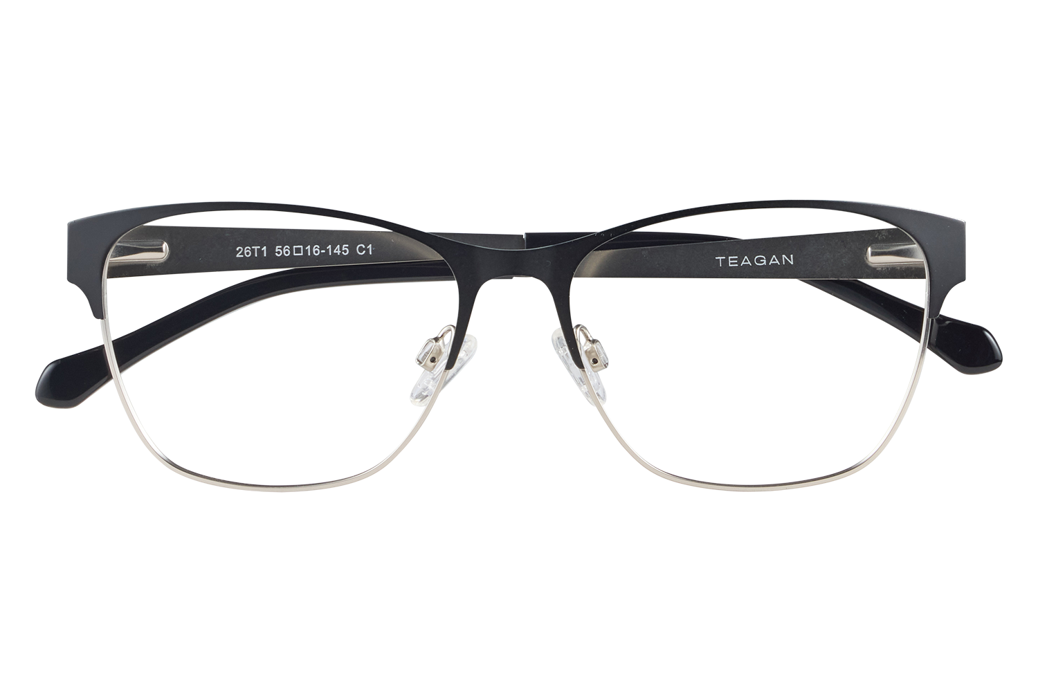 Black and silver half-rrim glasses with clear lenses resting on a display stand, brand Teagan visible on arm