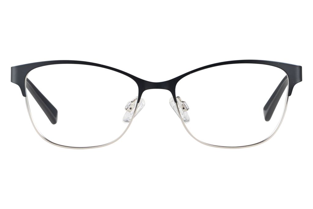 Front view of black-rrimmed eyeglasses with metal rims and clear nose pads on a light surface (rectangular shape)