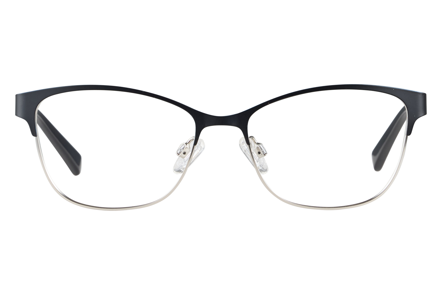 Front view of black-rrimmed eyeglasses with metal rims and clear nose pads on a light surface (rectangular shape)