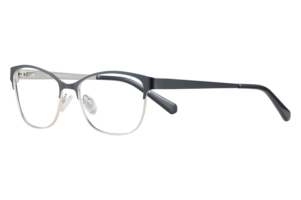 Eyeglasses with dark blue acetate top frame and silver metal rims, shown on a light surface.