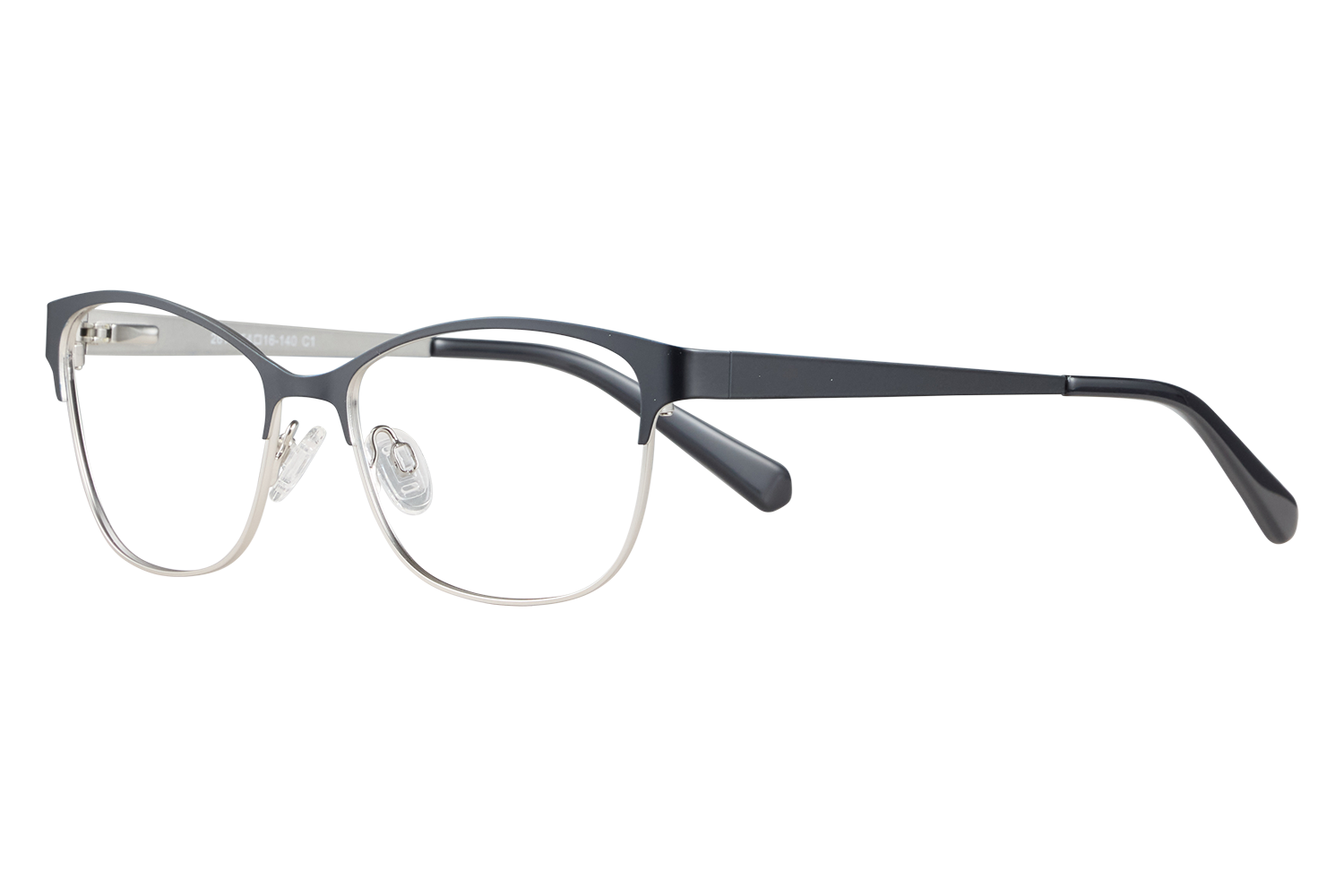 Eyeglasses with dark blue acetate top frame and silver metal rims, shown on a light surface.