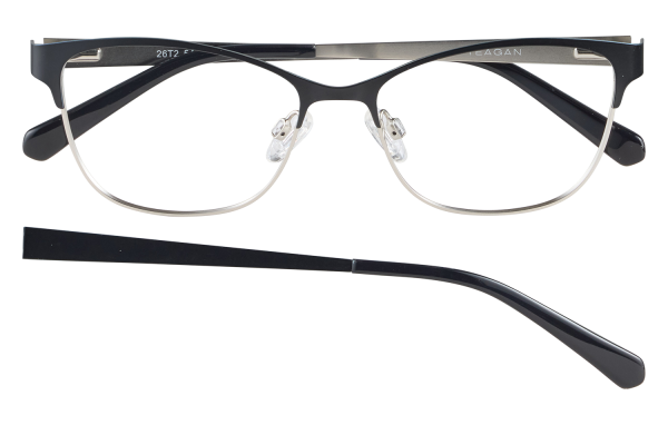Black half-rim glasses with clear nose pads and a separate temple arm laid below the frame, showing removable temples functionality.