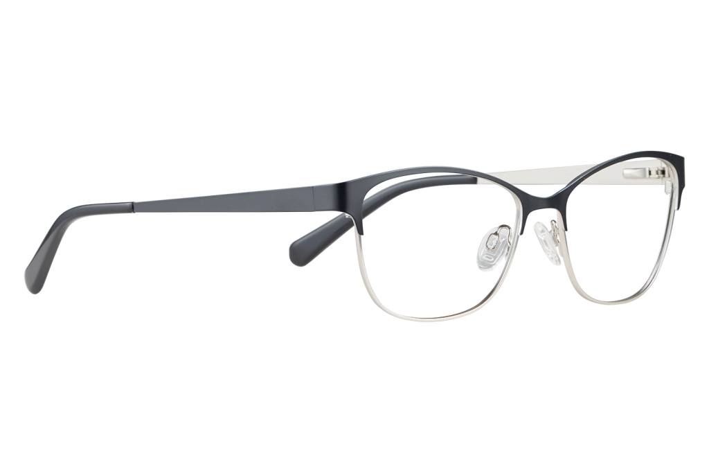 Close-up of two-tone eyeglasses with a black top frame and clear lower rim, resting on a light surface with visible nose pads.