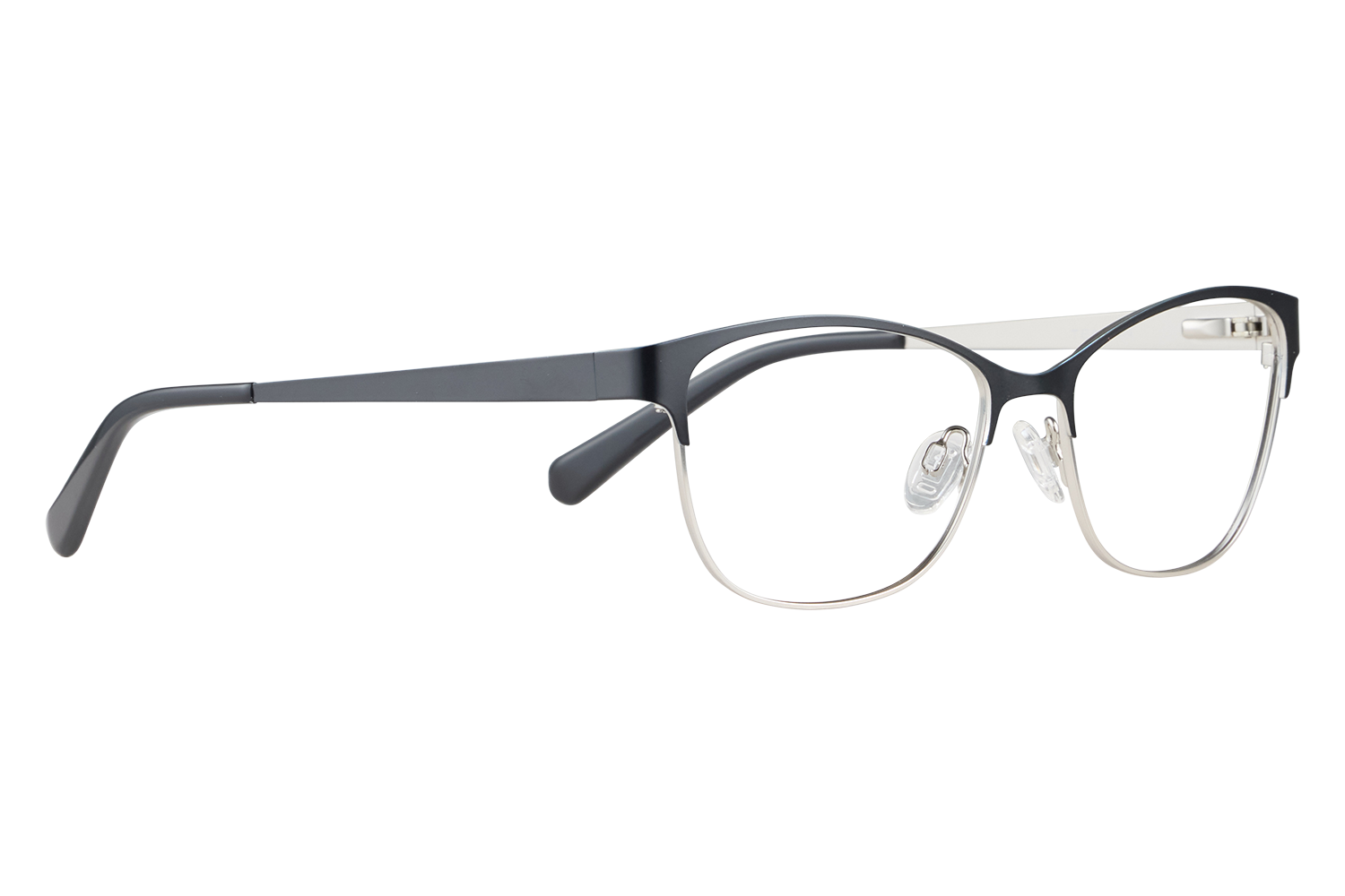 Close-up of two-tone eyeglasses with a black top frame and clear lower rim, resting on a light surface with visible nose pads.