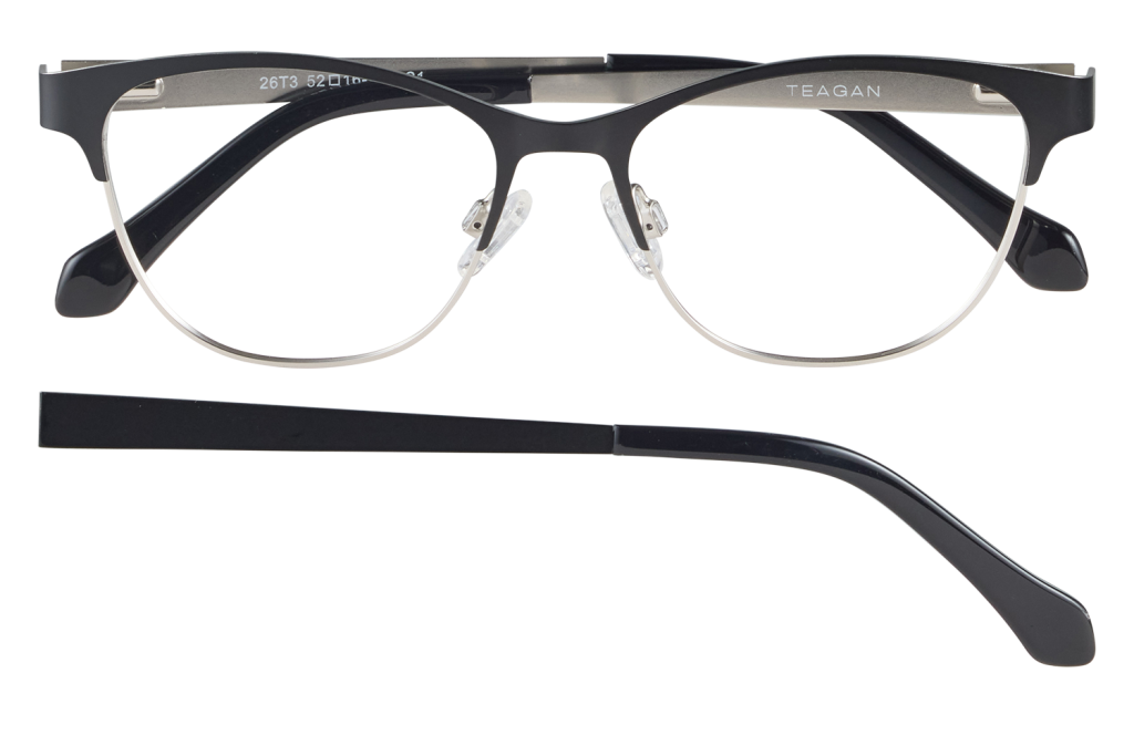 Black-ramed eyeglasses with silver rims and adjustable nose pads, brand Teagan, front view with detachable temple bar below