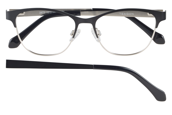 Black-ramed eyeglasses with silver rims and adjustable nose pads, brand Teagan, front view with detachable temple bar below