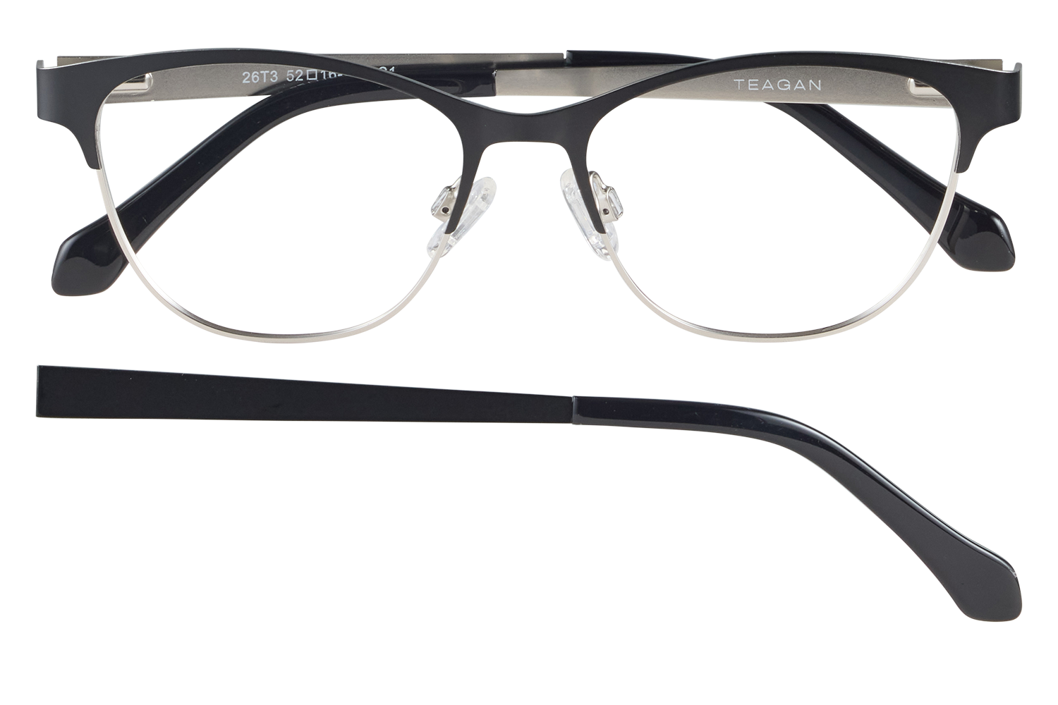 Black-ramed eyeglasses with silver rims and adjustable nose pads, brand Teagan, front view with detachable temple bar below