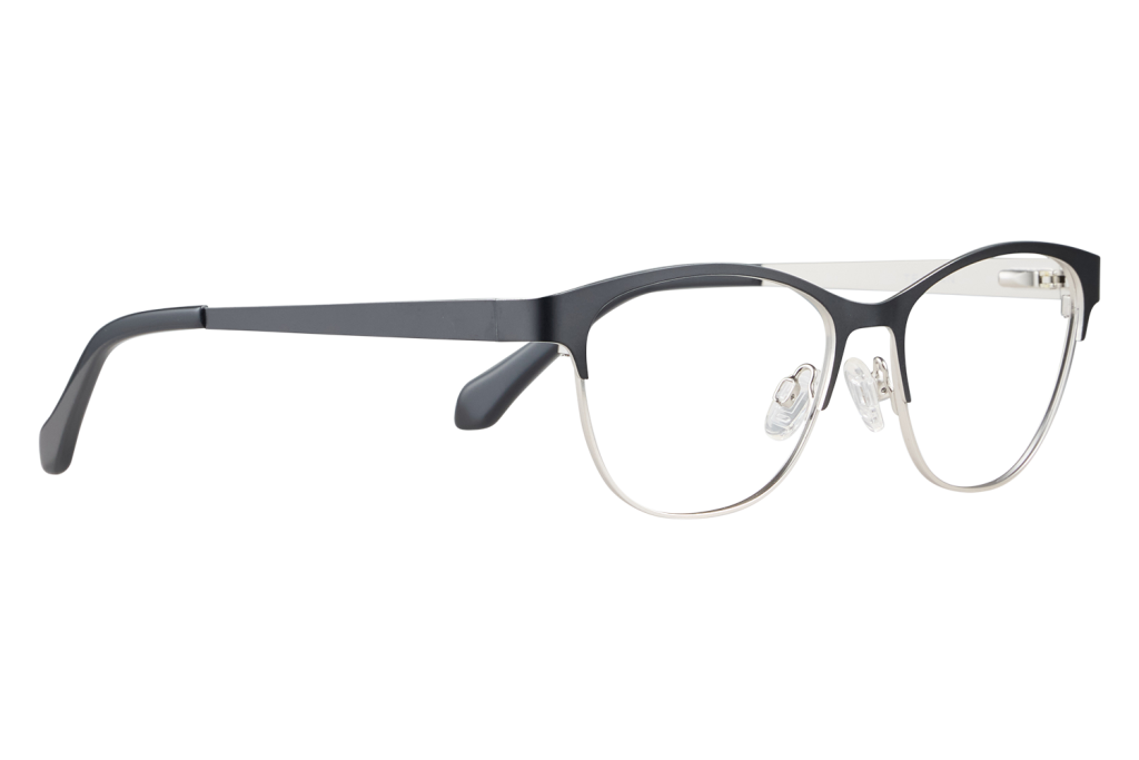 Pair of eyeglasses with a dark plastic top frame and silver metal rims resting on a light surface