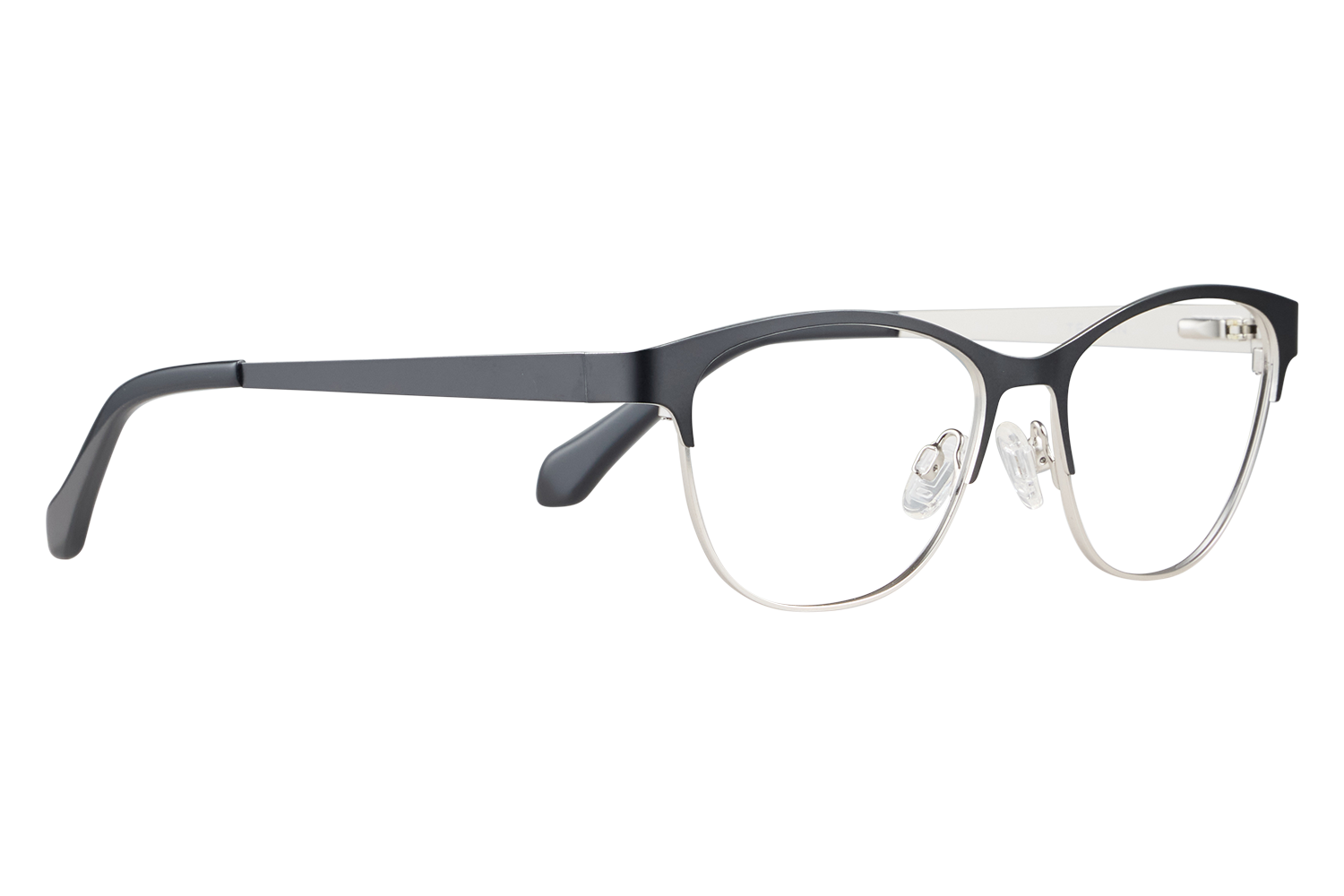 Pair of eyeglasses with a dark plastic top frame and silver metal rims resting on a light surface
