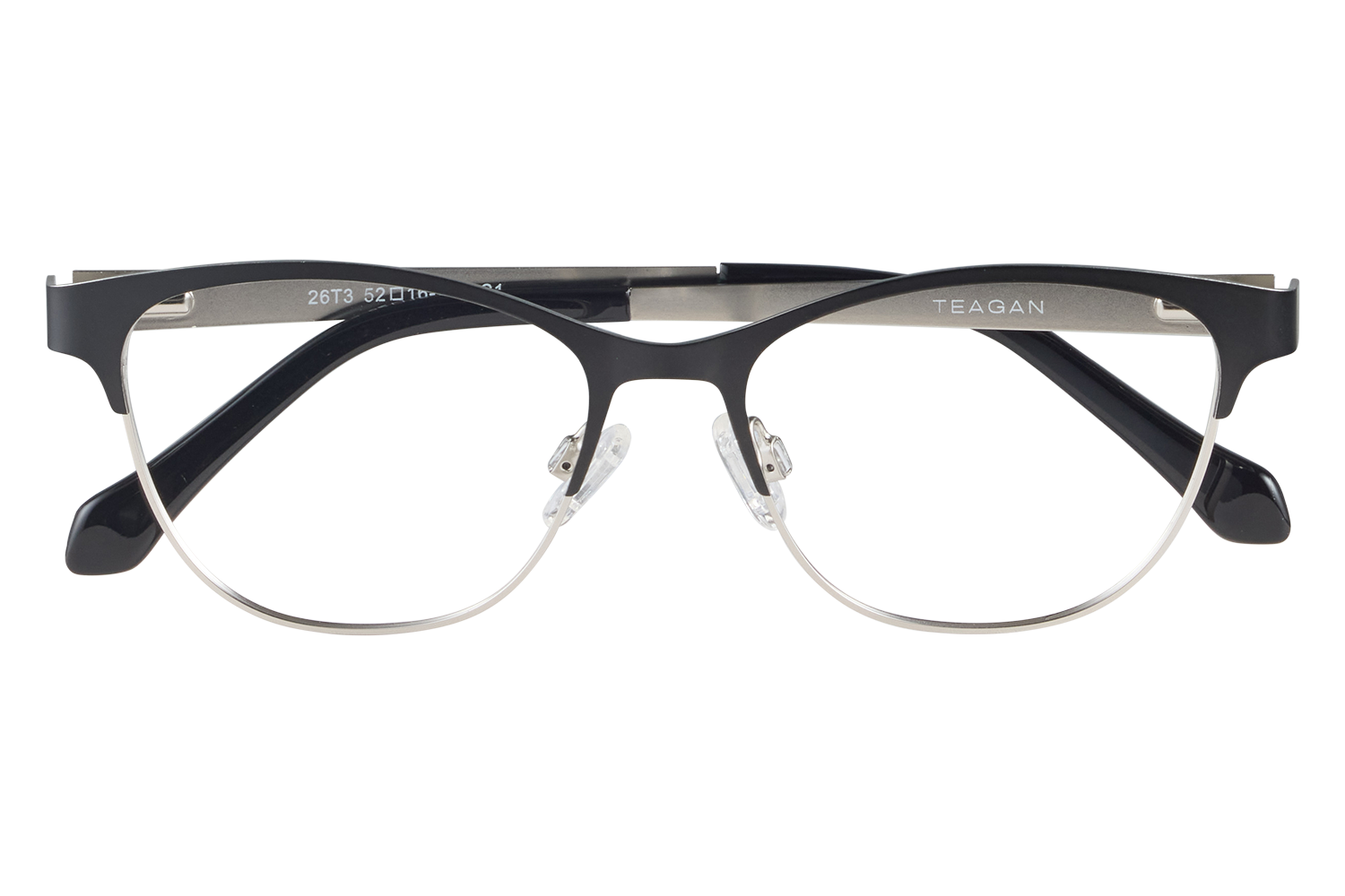Black eyeglasses with a half-rabric, metal-rimmed lenses resting on a clear display stand; TEAGAN branding visible on the temple (front view).] }```Oops``` Wait format. Provide proper JSON. Let's craft three options. Ensure under 125 chars. Let's redo. Also ensure not to include bracket error. Provide valid JSON. Let's output.