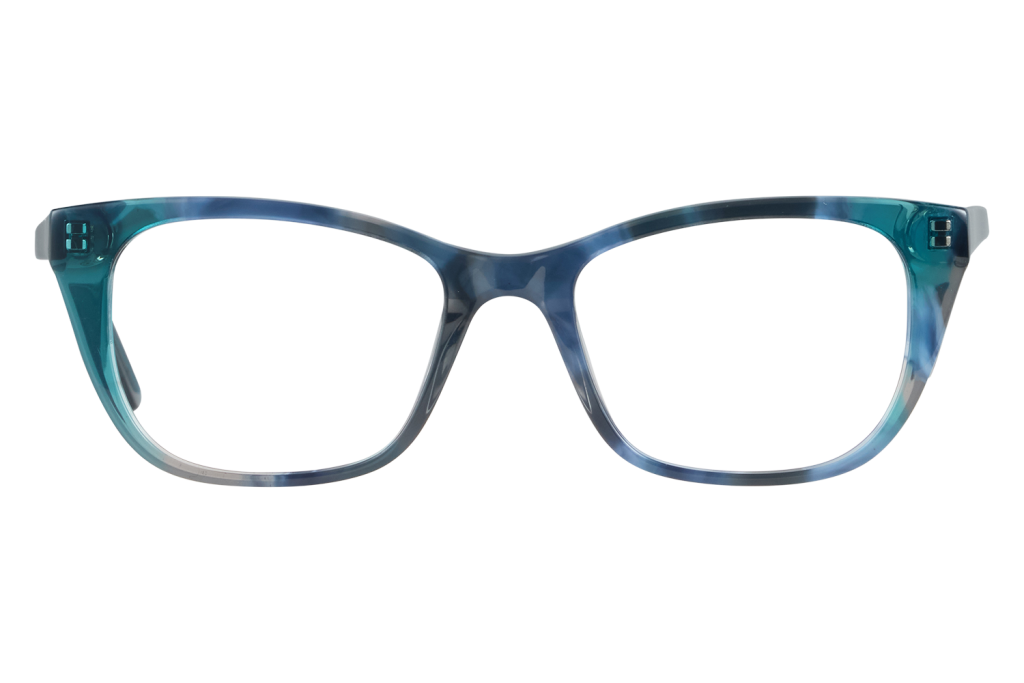 Blue transparent plastic eyeglasses with rectangular frames viewed from the front on a light surface.