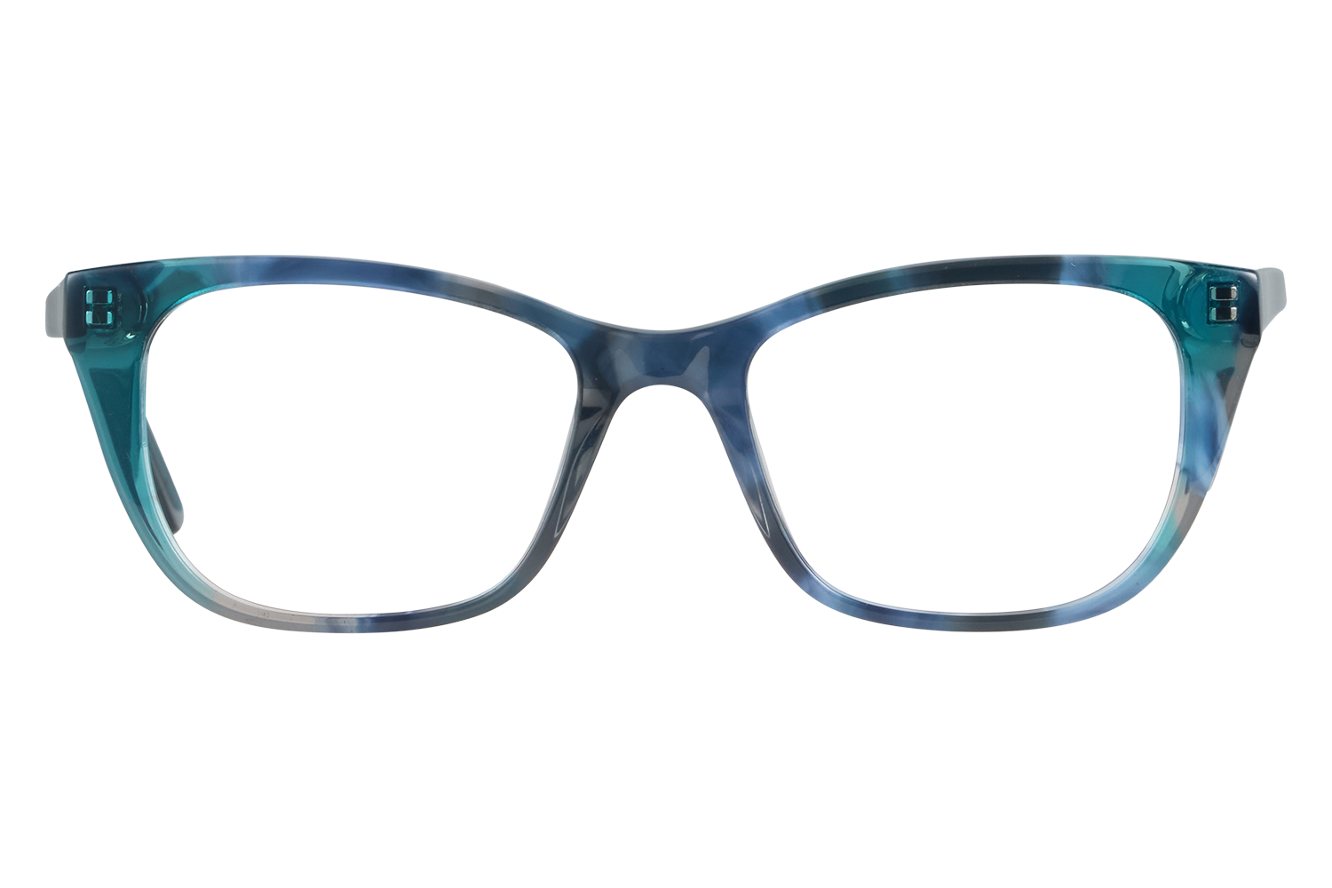 Blue transparent plastic eyeglasses with rectangular frames viewed from the front on a light surface.