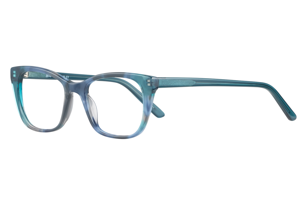 Blue transparent eyeglasses with rectangular frames lying on a white surface, side view showing temples.